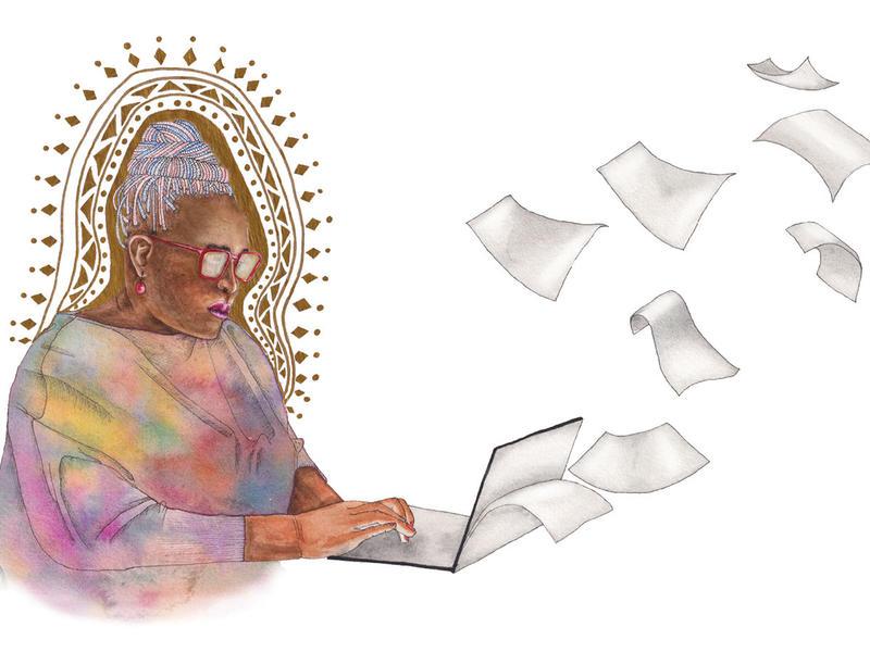 Illustration depicts Achiro P. Olwoch with a halo at laptop as sheets of paper fly from the computer representing ideas in flight